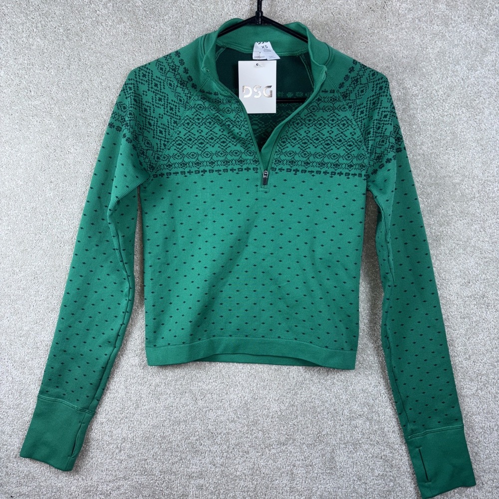 DSG 1/4 Zip Women‎ XS Seamless Green Fair Isle Workout Ski Shirt Long Slv NEW